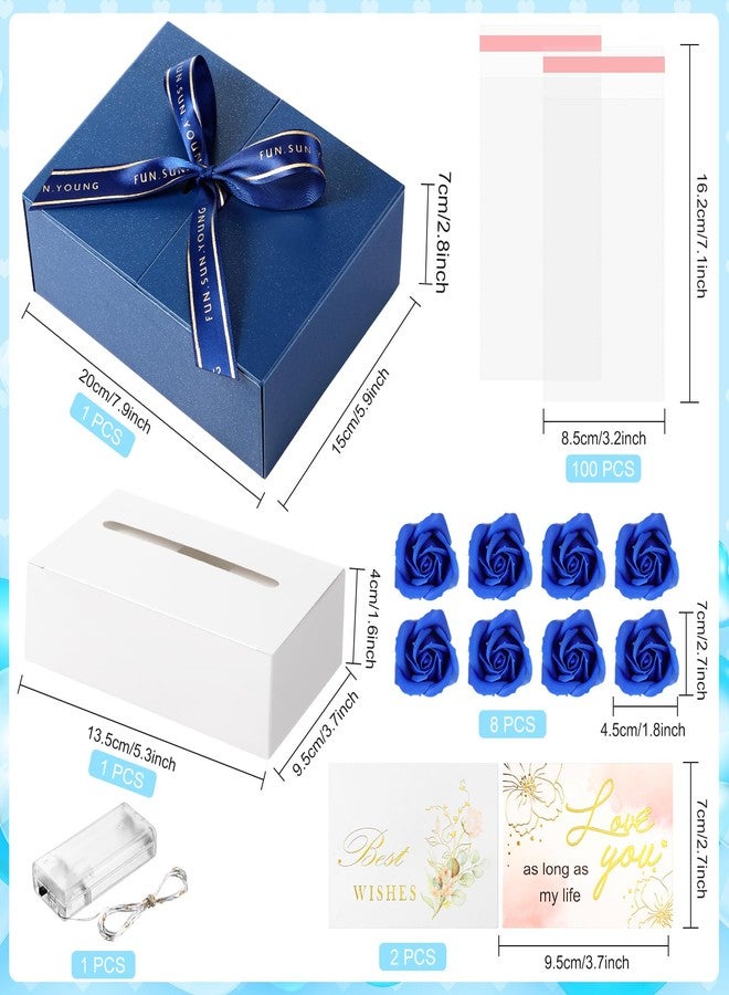 Resholder Valentine's Day Money Pull Box for Cash Gift Birthday Money Pull out Gifts with 8 Rose 2 Greeting Card 1 Light String for Mom Husband Wife Anniversary Christmas(Dark Blue) - Image 2